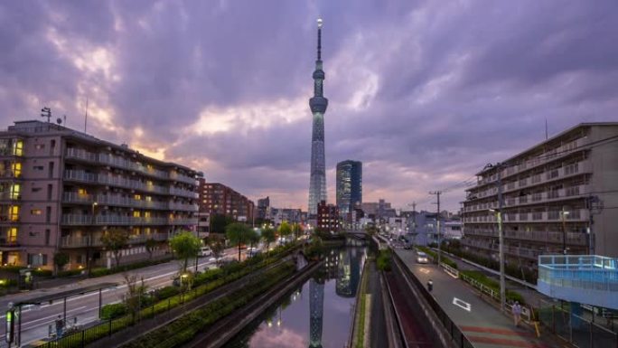 日本东京市东京晴空塔的延时日落