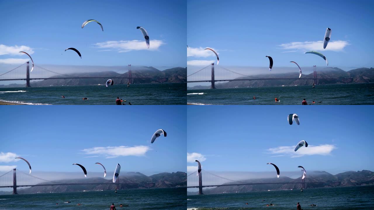 旧金山金门大桥前的风帆冲浪