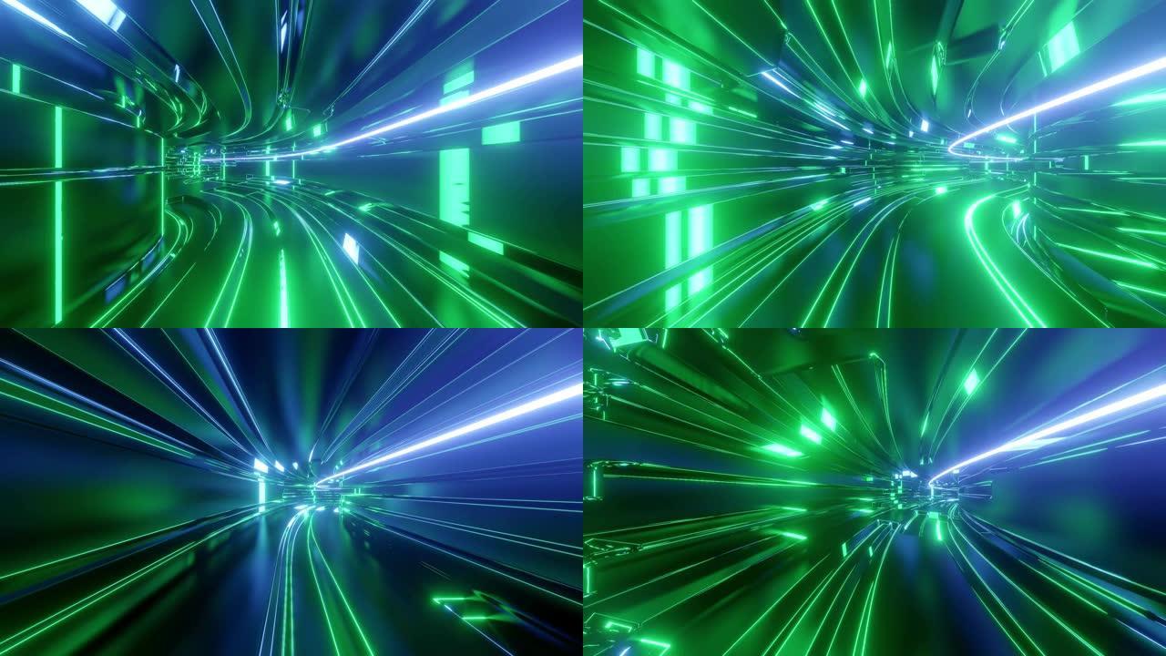 4k环形抽象高科技隧道带霓虹灯，相机飞过隧道，蓝绿色霓虹灯闪烁。赛博朋克或高科技未来风格的科幻背景。