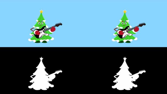 卡通小圣诞树平角色玩电吉他动画包括哑光