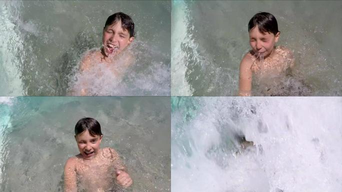 游泳池中的人造波浪覆盖了一个男孩