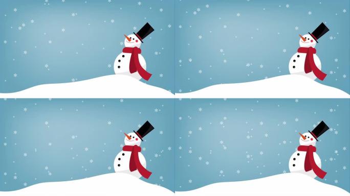 一个戴着红领巾和黑帽子的雪人看着雪花从蓝天上飘落在雪山上。冬季圣诞节假期设计。