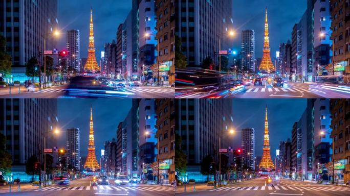 4k分辨率东京铁塔夜间延时，许多车辆和行人在夜间沿街通勤。亚洲旅游、城市生活方式或交通概念。