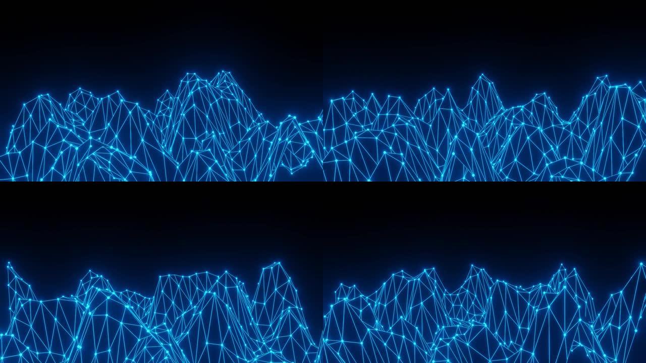 抽象蓝线多边形网格波曲线光黑色为未来技术背景说明。