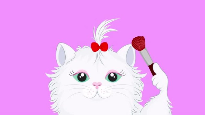 带化妆刷的美容猫。粉红色背景上的动画。