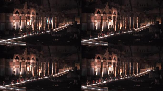 在罗马市中心的旧建筑立面上进行奇妙的3D可视化。墙壁和柱子上的3D投影，夜间表演，艺术和文化娱乐。面