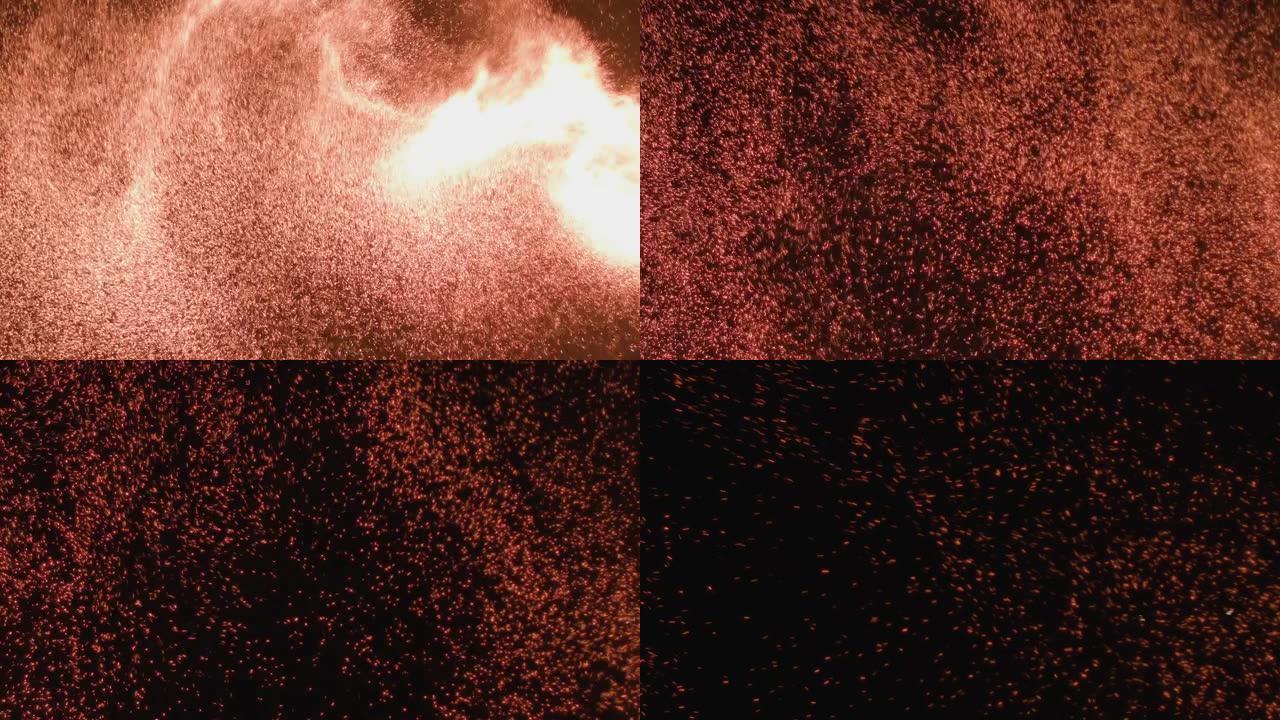 慢动作的火火花隔离在黑色背景上。在高速相机上拍摄