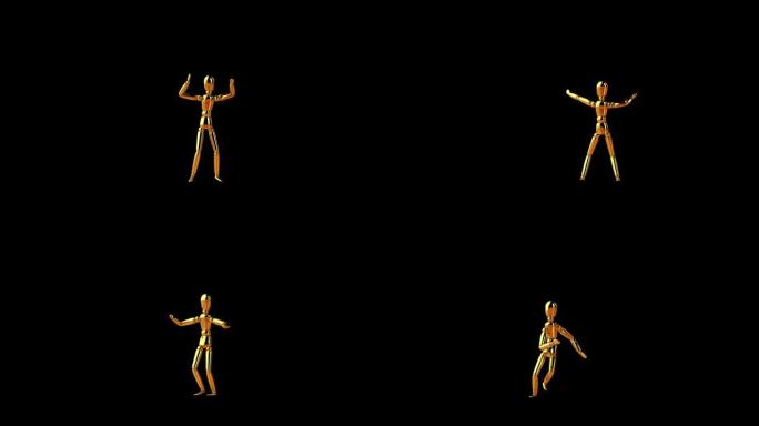 有趣的金色人体模型跳舞莎莎，无缝循环，阿尔法通道