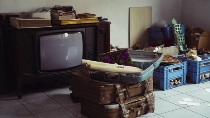复古风格的房间，地板上有一大堆古董。旧电视、旅行用的老式手提箱和家庭相册中分散的古代照片。怀旧和记忆