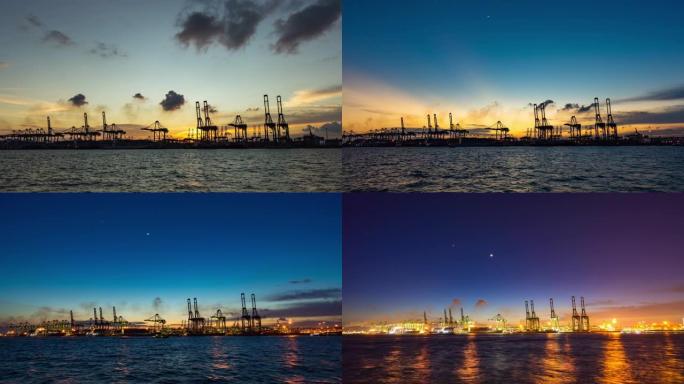 夜间工业港口起重机和集装箱船的宽镜头，新加坡，昼夜延时视频