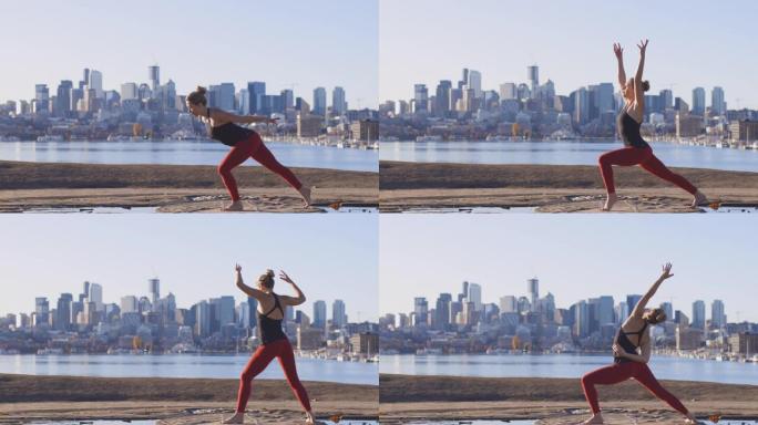 城市瑜伽舞者摆姿势战士三角