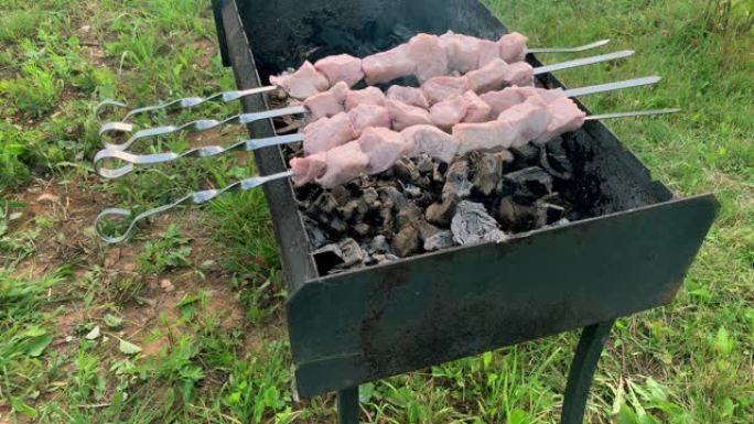 在花园，后院的烧烤炉上准备的烤肉串，那里的烟雾和热量