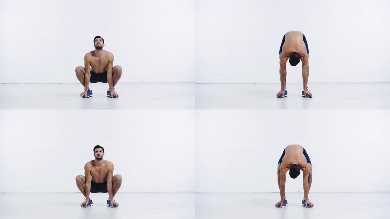 运动员从坐姿下蹲蹲姿、肌肉构建、运动员、
