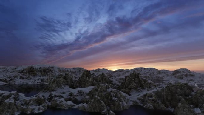 绿色背景上美丽风格的蓝雪山海洋景观。海洋背景。蓝色抽象背景。全景。绿色剪影森林抽象背景。4k