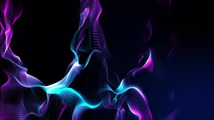 3D智能数字彩色霓虹灯织物线波在黑暗空间，技术数字网络世界创新投资新闻演示蓝色背景
