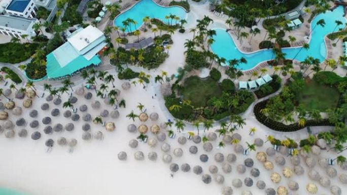 阿鲁巴海滩的俯视图，岸上的酒店。白色沙滩，美丽的海滩，高大的棕榈树。绿松石海水度假
