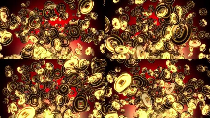 许多金元硬币的3d运动图形从红光背景上的中心爆炸。