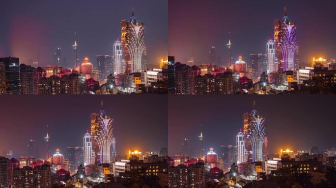 黄昏时分，中国澳门城市天际线的延时。