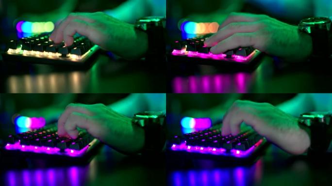 手点击键盘键。手指按下背光键盘按钮。特写。