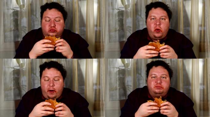 胖子贪婪地吃汉堡肥胖减肥