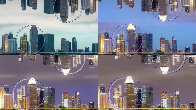 白天到晚上的时光流逝，美丽的新加坡传单和新加坡的城市景观具有镜面效果。颠倒的初始主题。