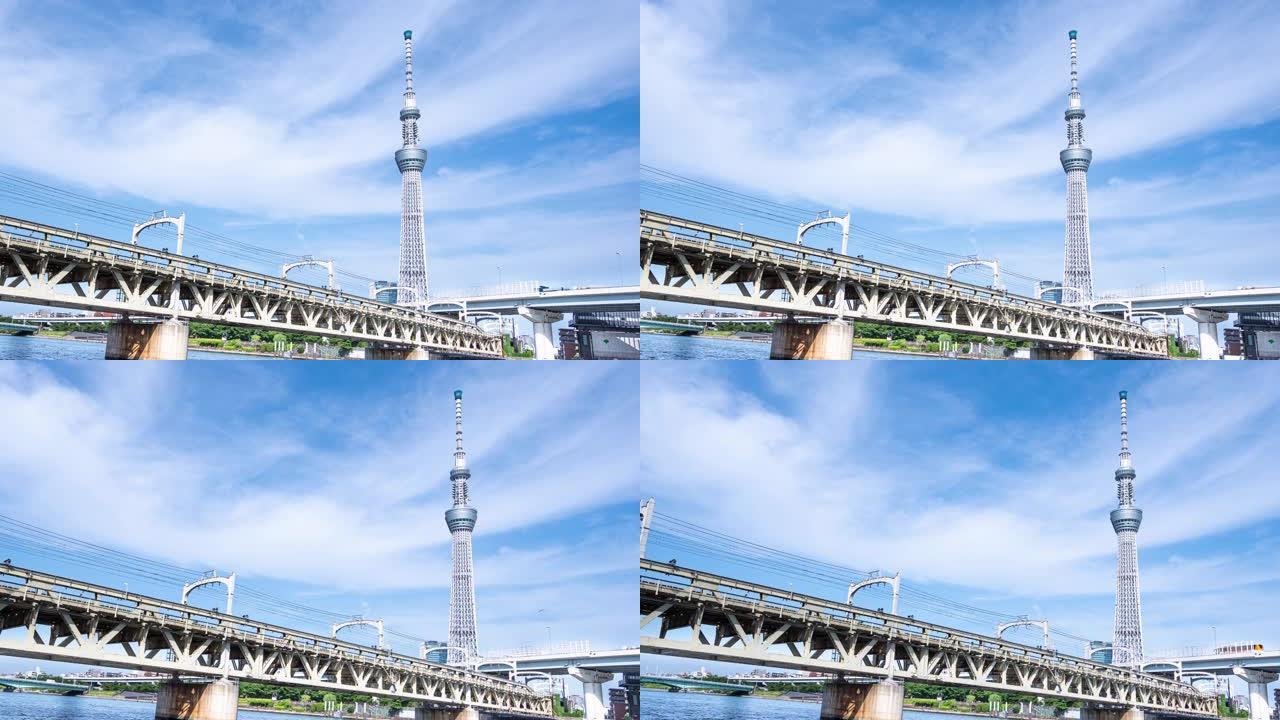 从日本东京浅草区观看的TL东京天空树和隅田河。