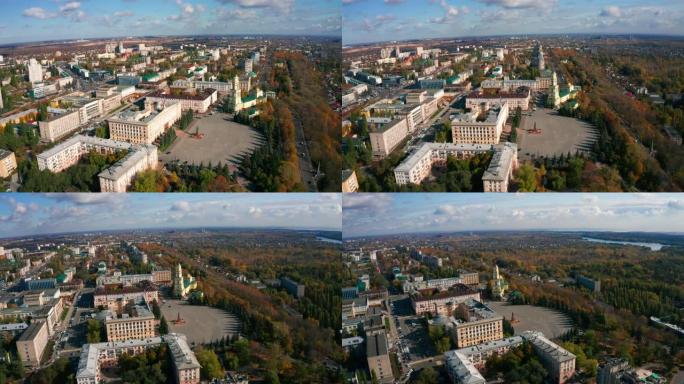 俄罗斯，利佩茨克，列宁广场，市中心全景与列宁纪念碑和地区行政