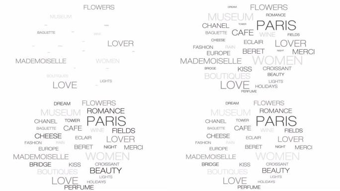 巴黎景点移动动画，法国灰色情绪循环和无缝旅行词云。英语中的主要法语单词-浪漫而美好的法国首都象征。