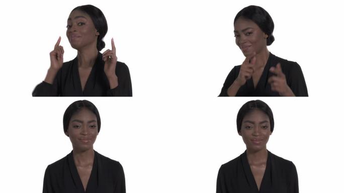 迷人的年轻非洲裔美国妇女用食指指向相机。你说得对!签名。肢体语言概念。孤立，在白色背景上
