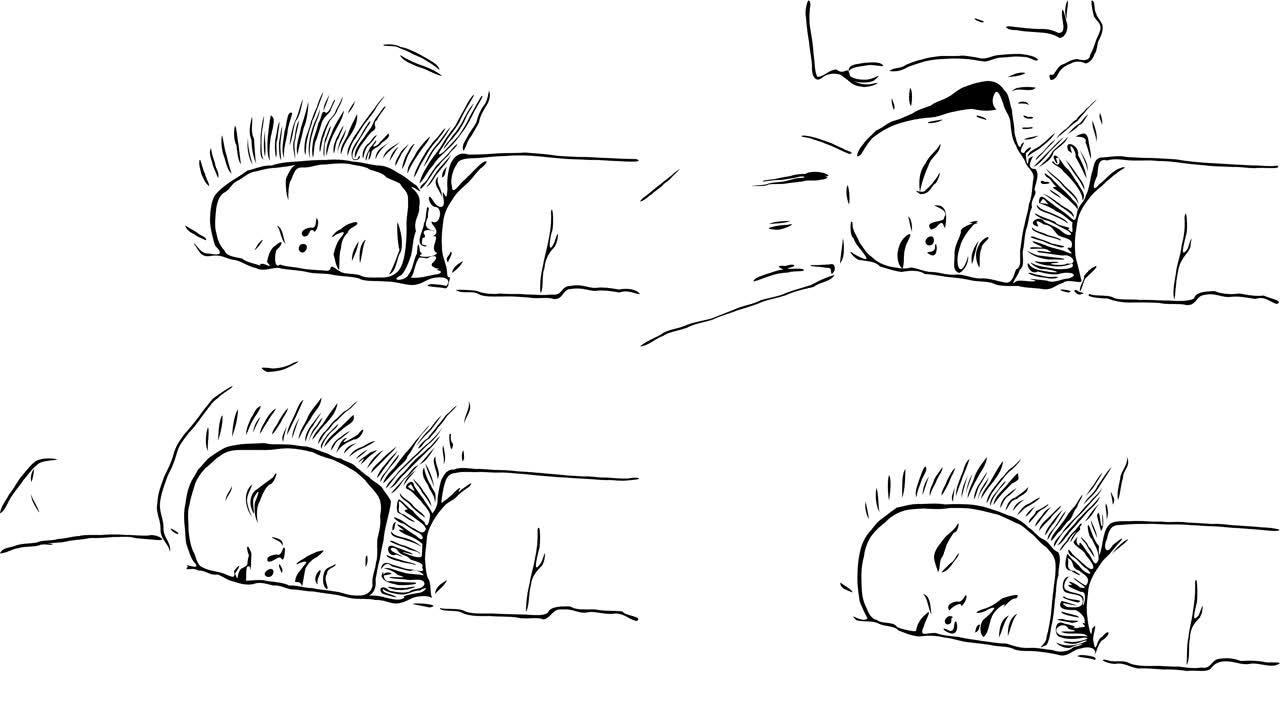 手绘，涂鸦卡通风格，可爱的小宝贝，洗完澡后在床上放松，睡觉，睡觉