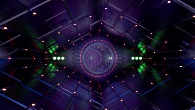 霓虹金属隧道抽象数字科幻未来背景。3d抽象背景。抽象三角飞船走廊。黑色背景。科幻站。抽象艺术。