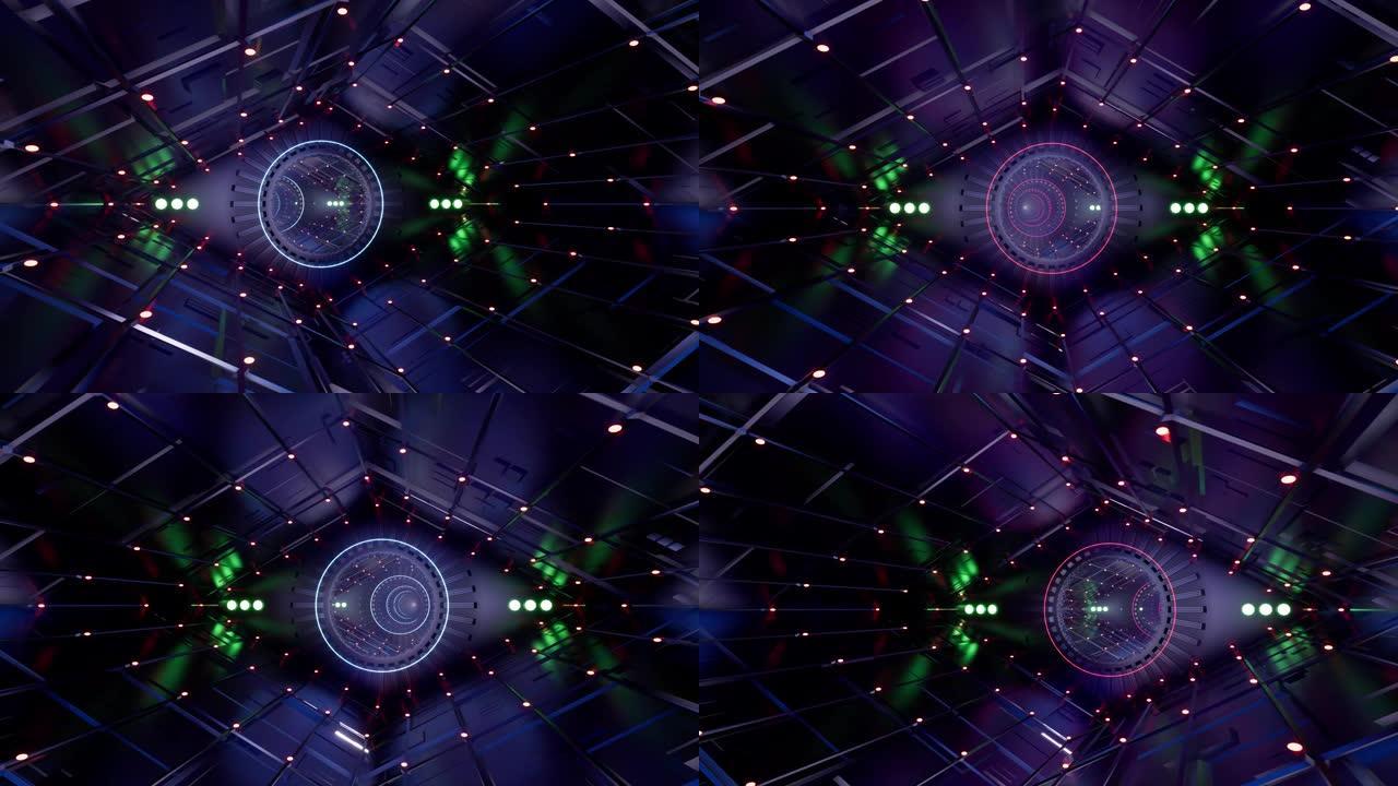 霓虹金属隧道抽象数字科幻未来背景。3d抽象背景。抽象三角飞船走廊。黑色背景。科幻站。抽象艺术。
