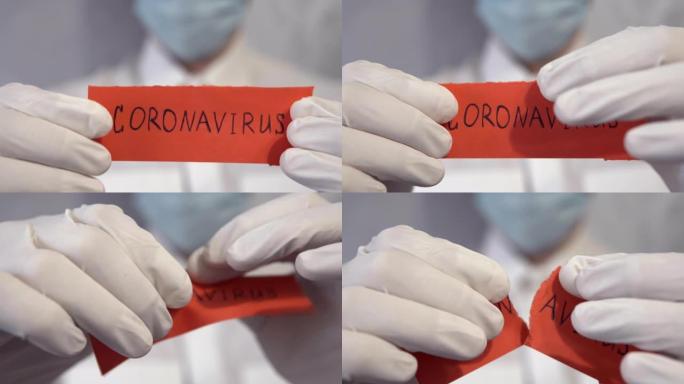 冠状病毒检疫的概念。默斯湾。新冠状病毒 (2019年nkov)。医生用冠状病毒这个词撕开红纸。