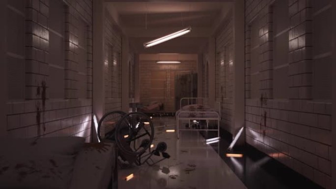温暖的灯光下精神病学诊所里可怕的神秘走廊。摄像机穿过走廊，医疗设备散落在各处。地板、墙壁、床上的血迹