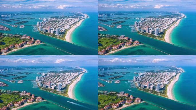 迈阿密，佛罗里达州，美国-1月2019: 空中超流4k无人机全景视图飞行在迈阿密海滩海洋海岸线。
