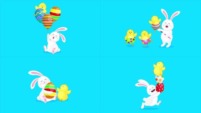 小白兔与小鸡和复活节彩蛋篮。