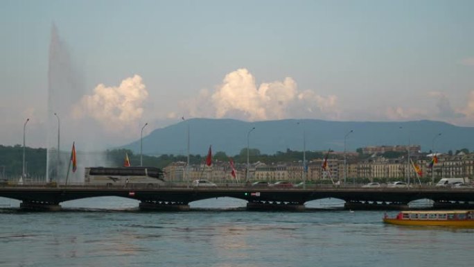 日内瓦市晴天中央河船渡船交通桥全景4k瑞士
