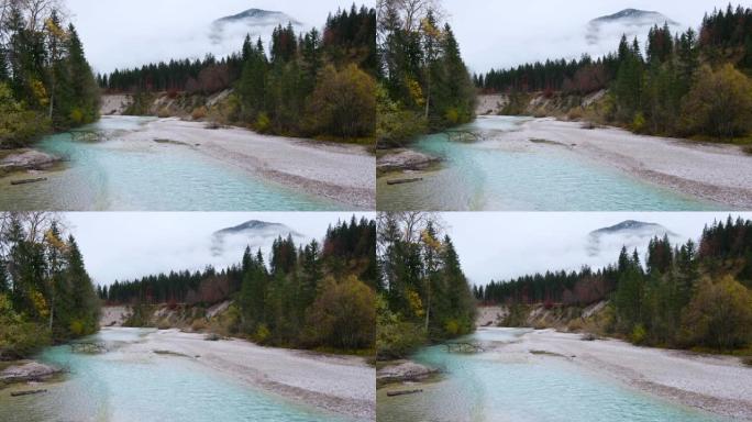 德国Karwendel Bavarian Prealps和Isar river flow的秋季阴天