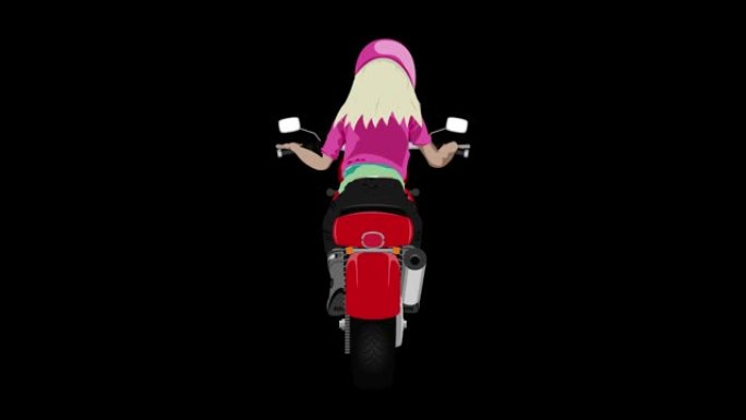 彩色经典摩托车与金发女孩骑手后视图循环动画
