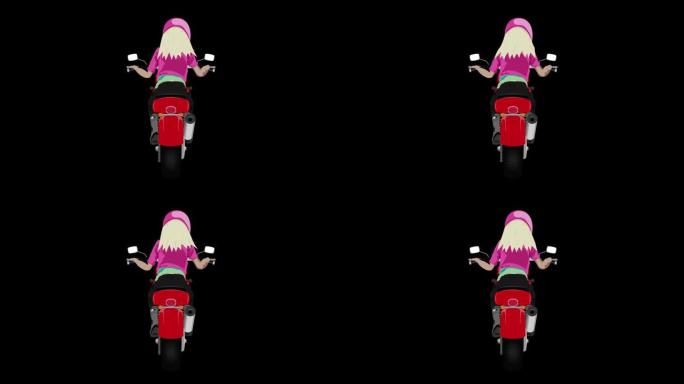 彩色经典摩托车与金发女孩骑手后视图循环动画
