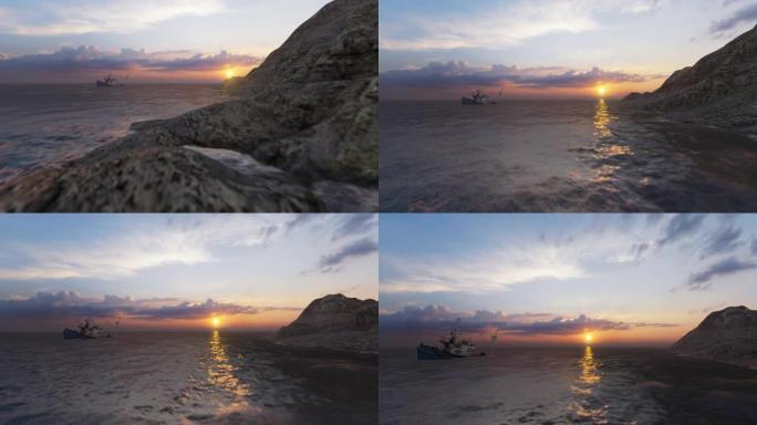 日落时岩石海岸附近的一艘沉船，4K
