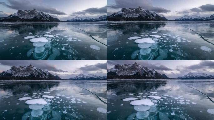 冰泡冰冻湖的日出-时间流逝