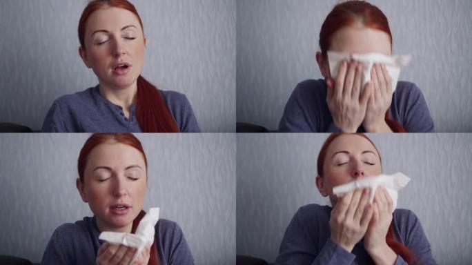 生病的女人在家打喷嚏成纸围巾。