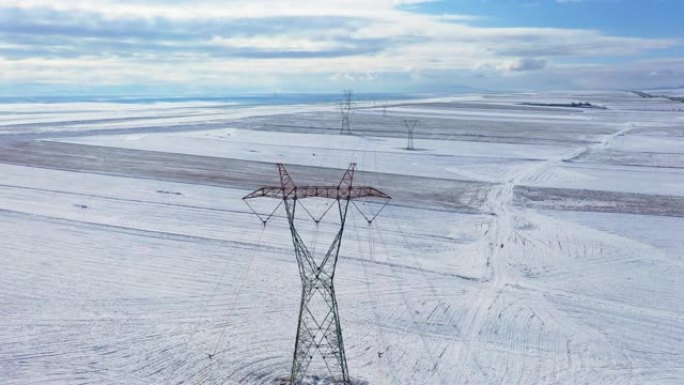 电力线，蓝天白雪的高压塔，无人机射击