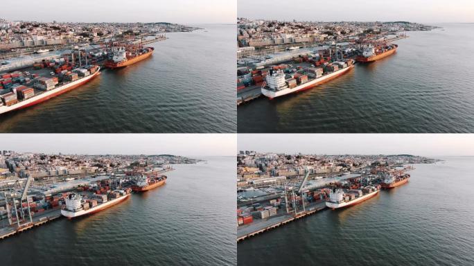停泊在货港装载的大型船舶的鸟瞰图