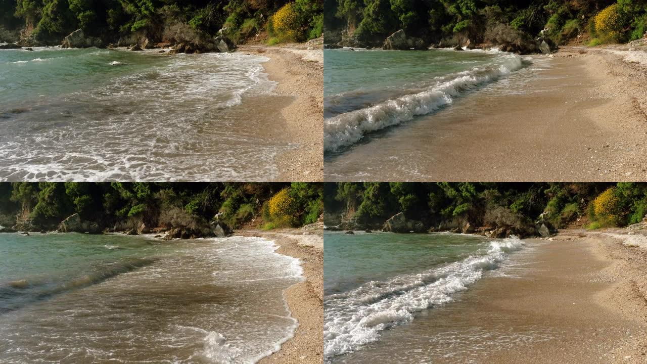 海景。地中海沿岸的海浪破裂。希腊。4K