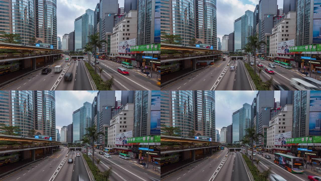 4k延时: 香港交通系统和市中心的城市景观。