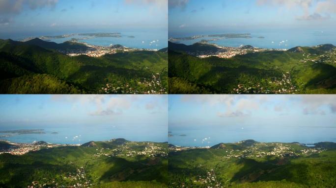 圣马丁航空v18飞越山顶地区，全景岛屿景观。