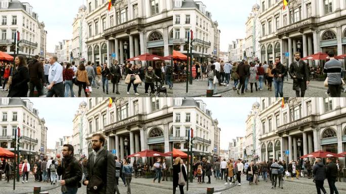 4k超高清慢动作人群穿过街道与交通和门面商店在布鲁塞尔比利时著名的欧洲目的地