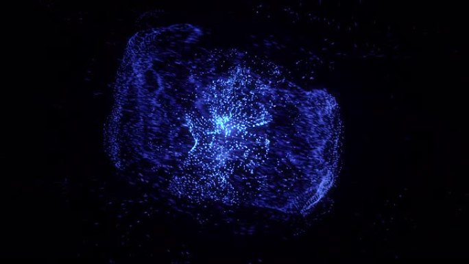 抽象的蓝色美丽的霓虹灯云点在空间中以有组织的方式飞行，并在黑色背景上形成一个带有内核的图形。动画。太